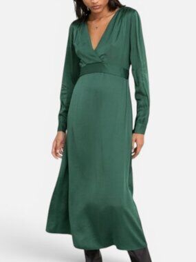 & Other Stories Paris Atelier Emerald Green Satin V Neck Midi Dress US 6